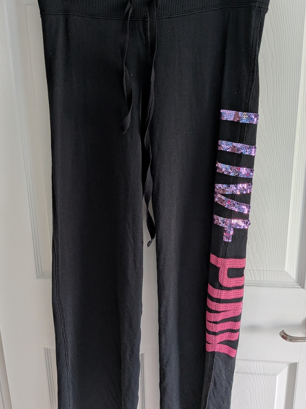 Women's Black Lounge Pants with Pink & Iridescent Sequin Accent